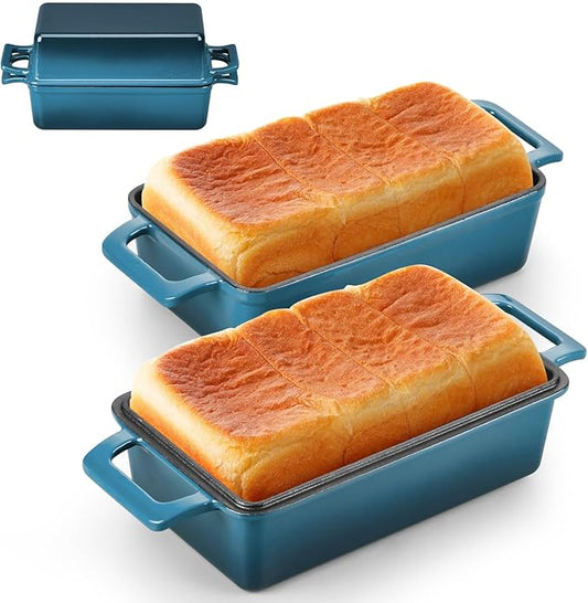 Leonyo 2-in-1 Cast Iron Bread Pan with Lid, Enameled Cast Iron Loaf Pan, 9 x 6 inch Sourdough Baking Pan, Homemade Bread Dutch Oven for Pound Cake, Lasagna, Up to 500℉ & Blackish Green