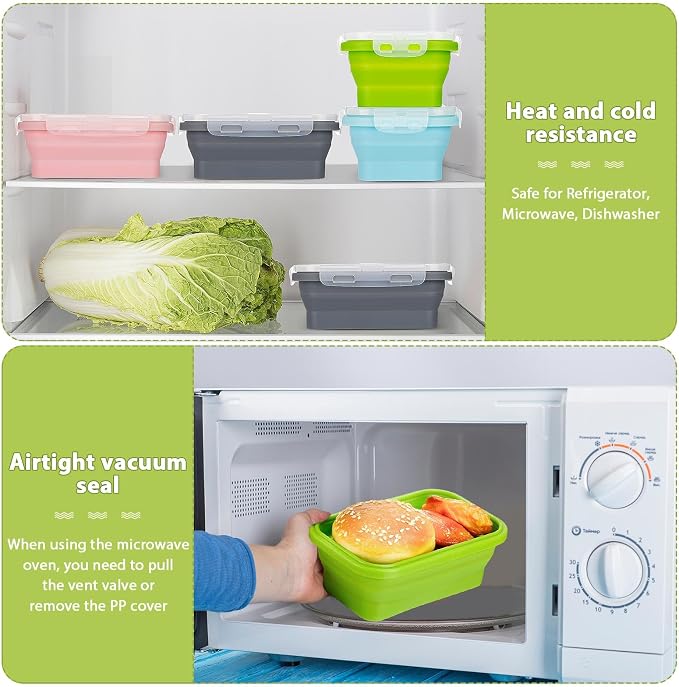 Set of 8 Silicone Collapsible Bowls for Camping with Vent Lid Silicone Storage Containers for Food Meal Preparation Square Bowl Microwave Freezer Dishwasher Safe(Morandi Color,17 Oz/ 500 ml)