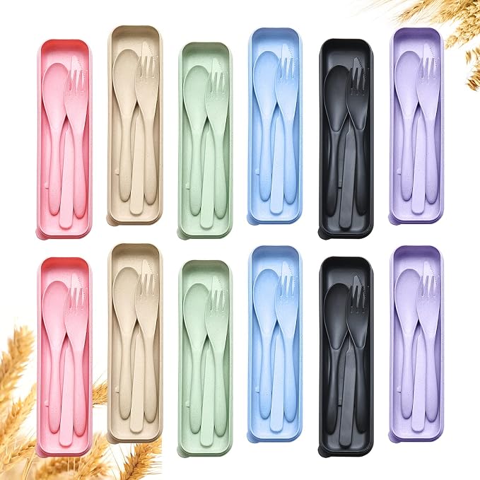 YDYTOP Reusable Travel Utensils Set with Case, 12 Sets Wheat Straw Portable Knife Fork Spoons Cutlery, Eco-Friendly BPA Free Plastic Tableware for Kids Adults School Lunch Party Picnic and Camping