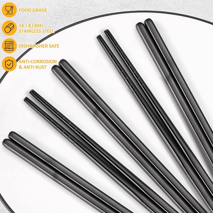 Black Stainless Steel Chopsticks - Multifunction Reusable Chopsticks - 5 Pairs Dishwasher Safe Metal - Easy to Use - Pressure Line Lightweight Chop Sticks
