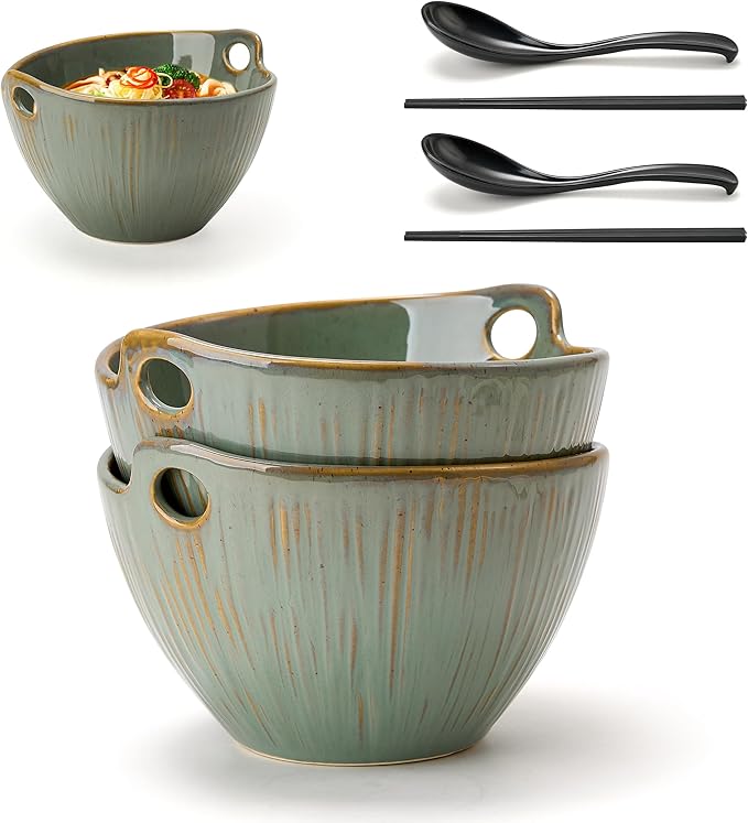 Ramen Bowl with Chopsticks and Spoons Set, 7 Inch Ceramic Noodle Bowl Set of 2, Donburi Bowl Dishwasher Safe for Pho Udon Soba Noodle Salad Pasta, Special Wild Sage Earth Bowls Set