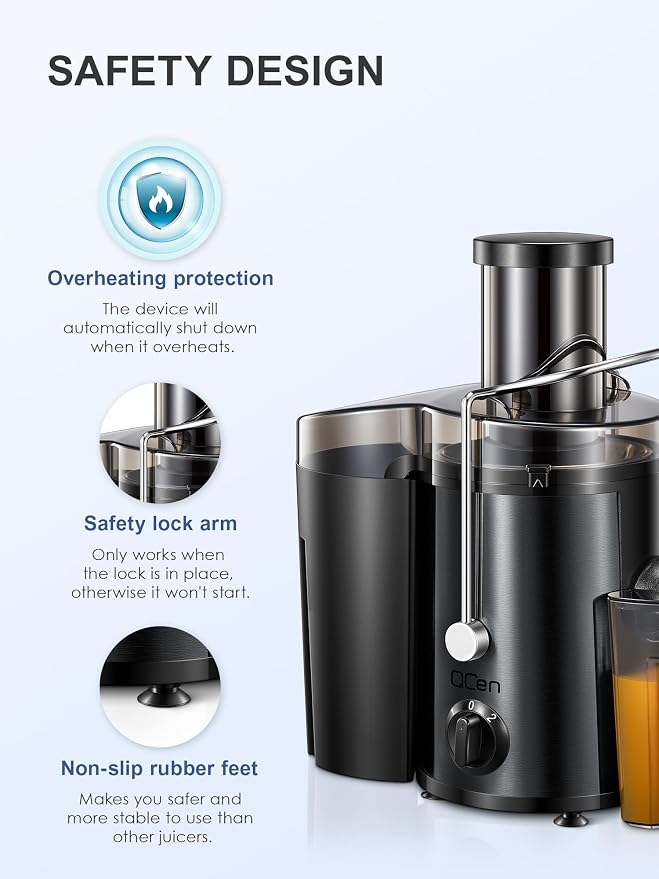 QCen Juicer Machine 500W Centrifugal Juicer with Extra Wide Feed Chute | For Fruits And Vegetables, Stainless Steel, BPA-Free Parts, Easy To Clean, Metallic Black, Countertop Juicer