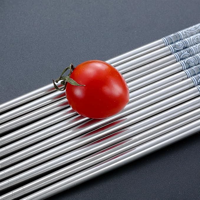 10 Pairs Stainless Steel Chopsticks Dishwasher Safe - 22.4cm/8.82'' Reusable Metal Non-slip Chopstick, Blue & White Pattern Chinese Style Chop Sticks