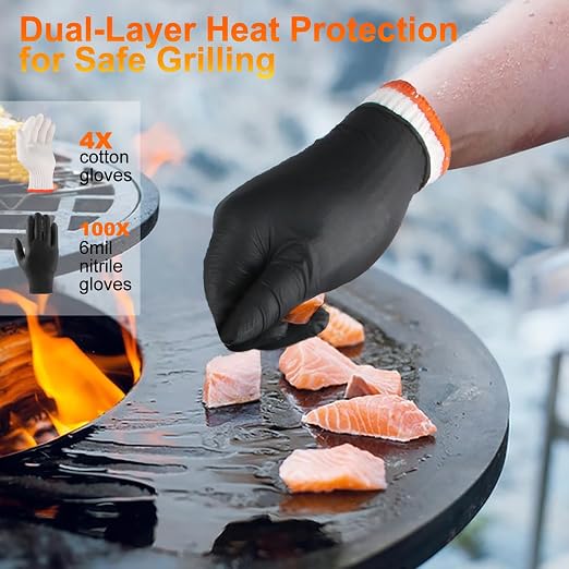 ANBOSON BBQ Gloves Disposable, Heat Resistant Grilling Gloves for Cooking | 6Mil Disposable Nitrile Gloves-100Ct & 4 Cotton Liners for BBQ, Grill, Smoker, Cooking, Food Prep, Catering, Large, Black