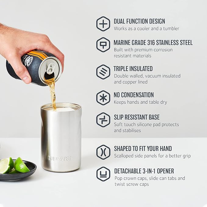 Huski Beer Cooler 2.0 | NEW | Premium Can and Bottle Holder | Triple Insulated Marine Grade Stainless Steel | Detachable 3-in-1 Opener | Works as a Tumbler | Best Gifts for Beer Lovers (Stone Grey)