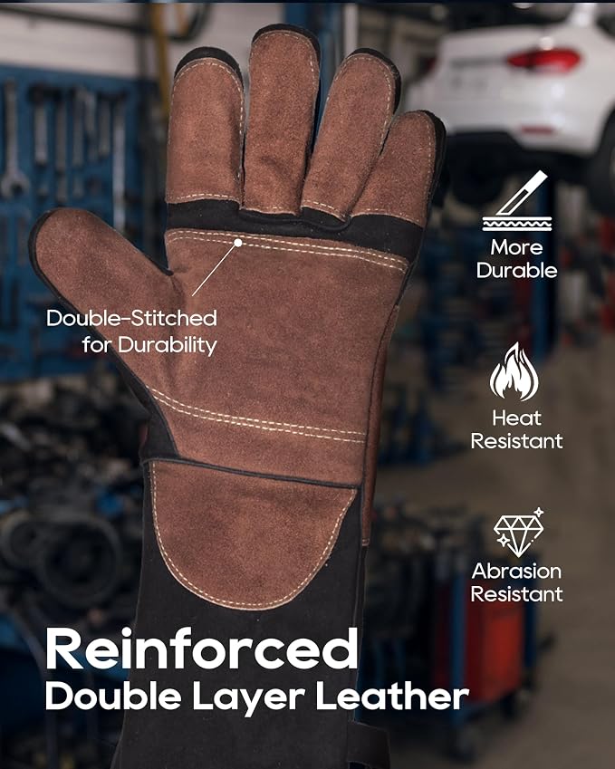 TOPDC Welding Gloves 16Inch 1000℉Heat/Fire Resistant Reinforced Leather Fireproof Gloves with Kevlar Stitching for Mig, Tig, Stick, Forge, BBQ, Grill, Oven, Fireplace, Furnace, Animal Handling, MEDIUM