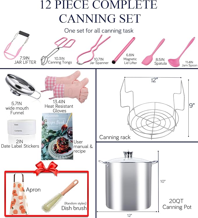 Canning Pot-Canning supplies starter kit, Stainless Steel Canning Tool Kits Set for Beginners, Water bath canner with rack for canning(Pink)