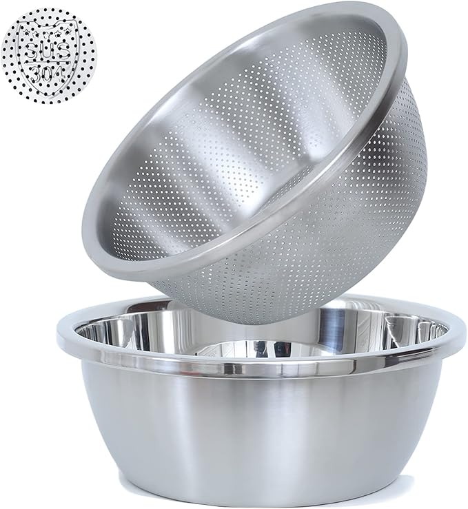304 Stainless Steel Microporous Colander, 5QT Large Capacity with Mixing Bowl For washing vegetables, fruit and rice and for draining cooked pasta(2PC)