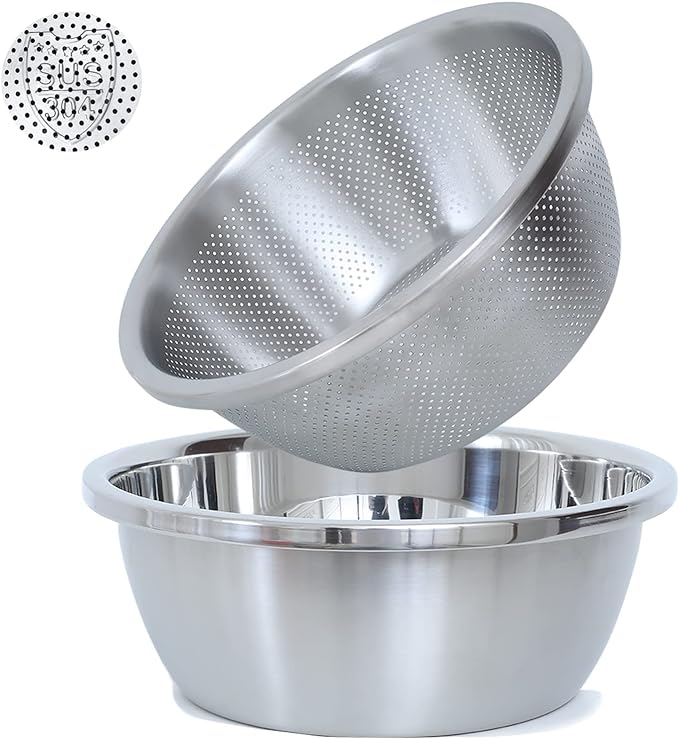 Paoli 304 Stainless Steel Fine Mesh Colander Set, 3.5QT Large Capacity Strainer with Mixing Bowl — Rinse Fruits, Veggies, Rice & Drain Pasta, Dishwasher Safe (2-Piece)