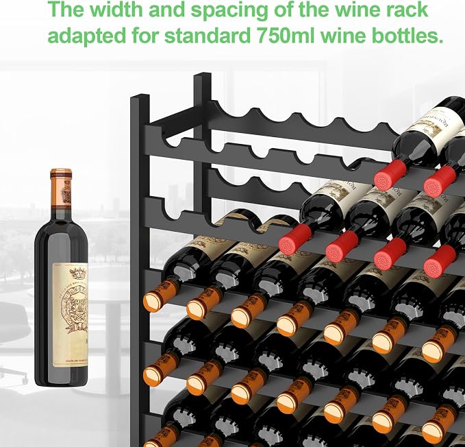 Bamboo Large Wine Rack, 6-Tier Freestanding Floor Bottle Storage Holder | 54-Bottle Storage | Wooden Wine Storage Organizer Shelves for Kitchen Bar, Cellar, & Dining Room | Black | Anti-Tip Kit