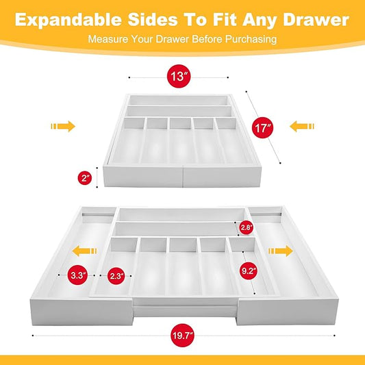 Large Premium Bamboo Silverware Organizer - Expandable Drawer Organizer & Utensil Organizer - 17"x19.7" Cutlery Tray with Dividers for Kitchen Utensils and Flatware (7-9 Slots) (White)