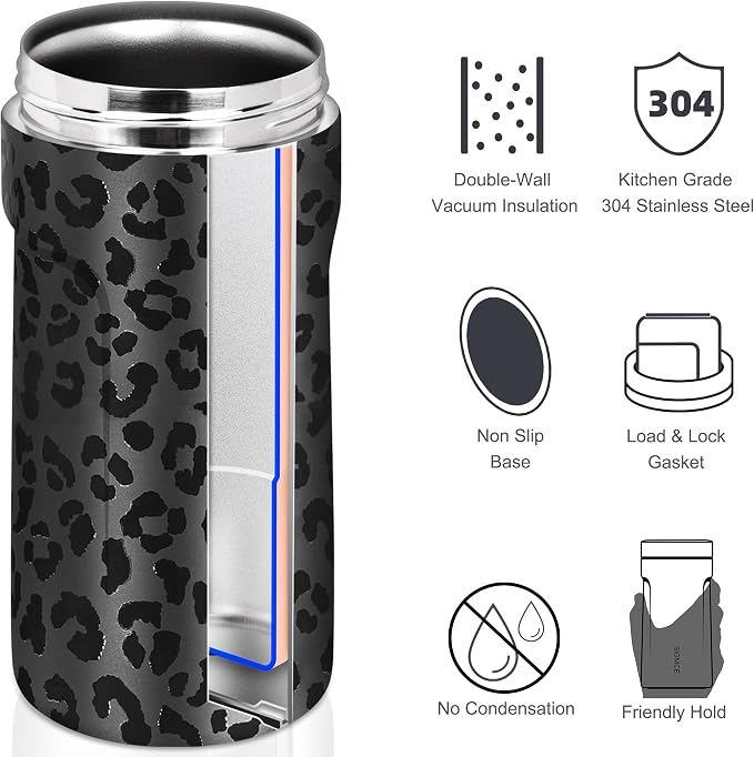 Universal Can Cooler - Signice 3 in 1 Insulated 12 oz Beer Can Insulator Stainless Steel Metal Holder for 12oz Slim Skinny Tall Standard Cans Bottle Hard Seltzer Soda Energy Drinks (Black Leopard)