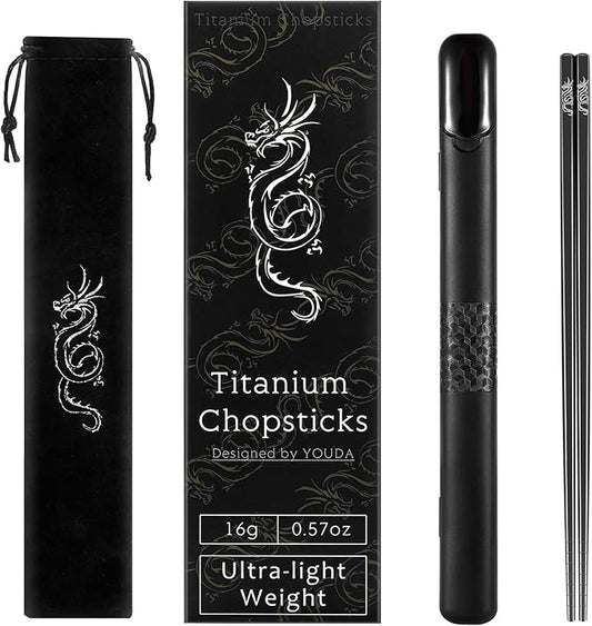 Youda 99.8% Pure TITANIUM Chopsticks 1 Pairs with Black Carrying Case Ultralight and Reusable Chopsticks for Camping, Home, Travel