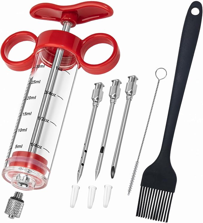 Kingsmile Meat Injector Syringe, 3 Marinade Injector Needles for Meat, Seasoning Injector with1oz Capacity,Turkey Injector for BBQ Grill, Premium Injector Syringe with Black Oil Brush & Cleaning Brush