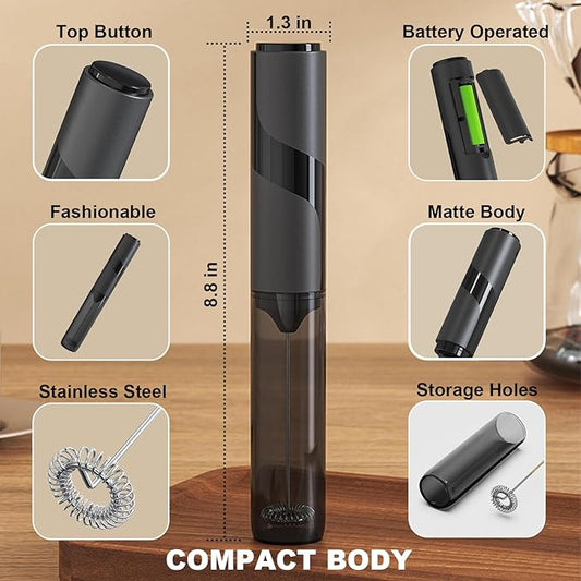 Handheld Milk Frother with Cover, Battery Operated Drink Mixer Handheld Easy to Carry Electric Frother Wand For Coffee, Latte, Cappuccino, Frappe Drink, Hot Chocolate, Black