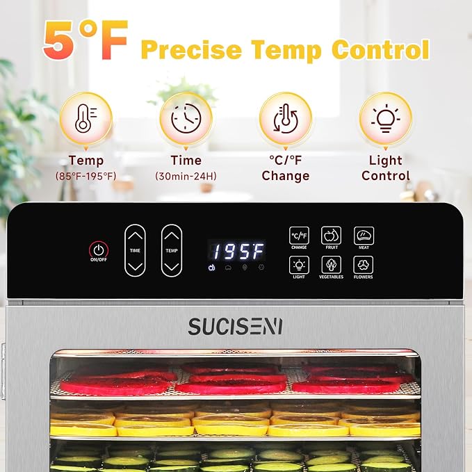 SUCISENI Food Dehydrator for Jerky, 10 Stainless Steel Trays 9ft² Dehydrator Machine, 1000W Dehydrator with 24H Timer 195℉ Temperature Control for Meat, Fruits, Veggies, Dog Treats
