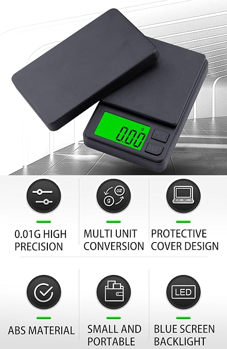 Digital Pocket Scale 1000g x 0.01g Weigh Gram Scale, Mini Scale, Digital Grams Scale, Food Scale, Jewelry Scale, Kitchen Scale with Backlit LCD, 7 Units Tare, Battery Included, Black