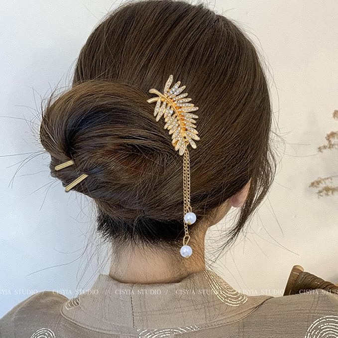 Lawie 10 Pack Cute Flower Butterfly U Shaped Gold Metal Hair Fork Pins Curved Chopsticks for Hair Sticks with Dangles French Hair Pins Bun Holder Decorative Hair Accessories for Women Girls (Gold A)