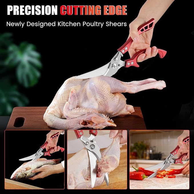 Heavy Duty Kitchen Shears by ANDONG, Kitchen Scissors,Stainless Steel Poultry Shears Heavy Duty Professional, Red