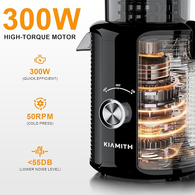 300W Cold Press Juicer with 5.8" Extra-Large Feed Chute | Slow Masticating Juicer Machines for Fruits and Vegetables, High Juice Yield, Easy to Clean, Family Use, BPA Free
