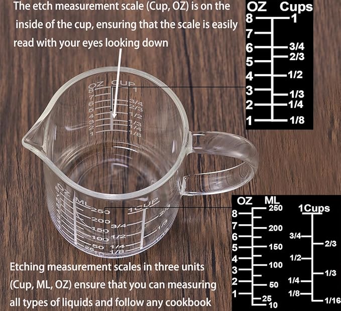 Ackers Mirror Scale Glass Measuring Cup-[Insulated handle | V-Shaped Spout]-Made of High Borosilicate Glass Measuring Cup for Kitchen or Restaurant, Easy to Read, 250 ML (8 Oz, 1 Cup)