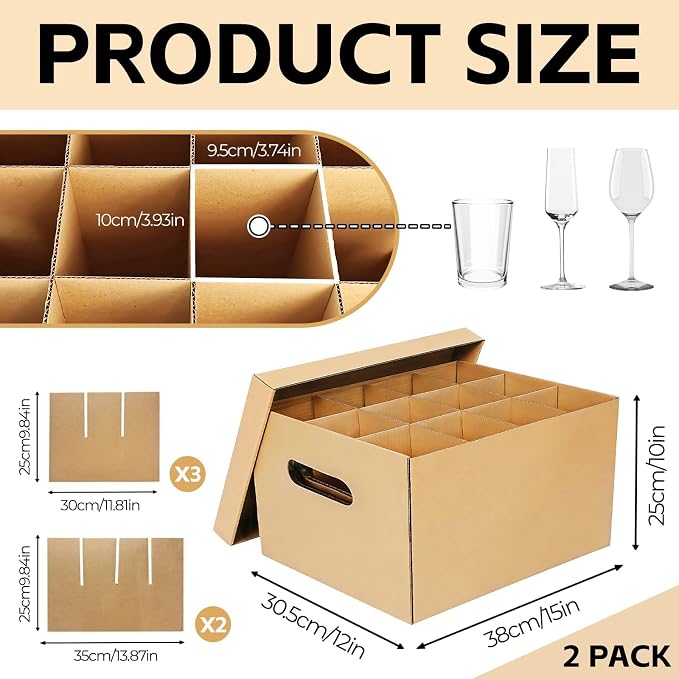 Wine Glass & Dish Moving Boxes, Glass Packing Boxes, Kitchen Storage Kit | 2 Pack, 15 x 12 x 10 In, Sturdy Corrugated Cardboard, with Ergonomic Handles & Secure Lids, for Glassware & Dishware, Brown