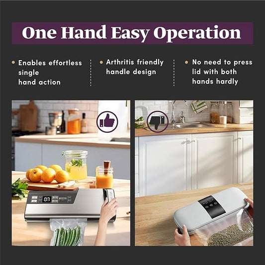 Mesliese Vacuum Sealer Machine, 95kPa 140W One Hand Operation Food Sealer, Double Seal Strip with Build-in Cutter & Countdown Display, 2 Bag Rolls, 5PCS Pre-cut Bags