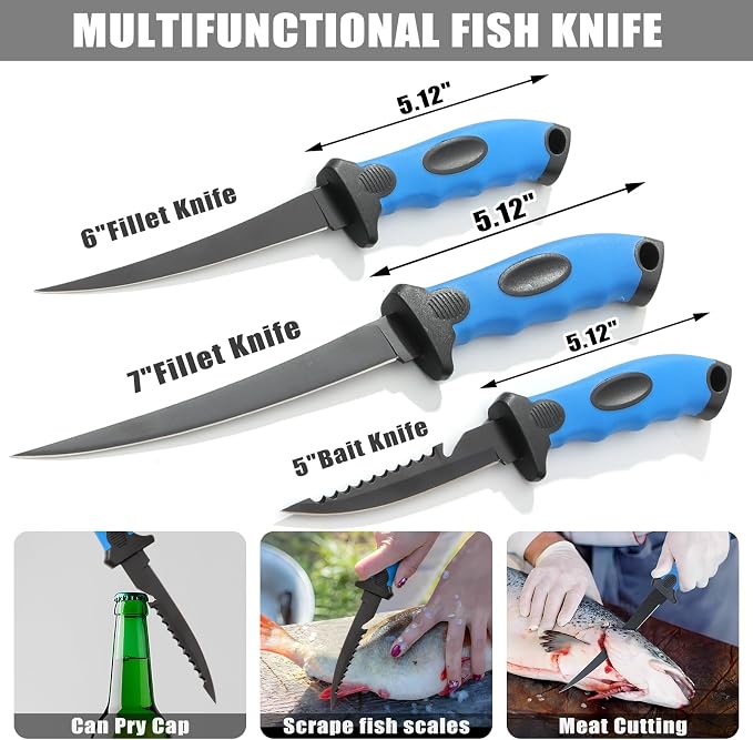 10 Pieces Fillet Knife Set, Stainless Bait Knife with Sharpening Rod and Sheath, Professional Filleting Boning Knife for Meat