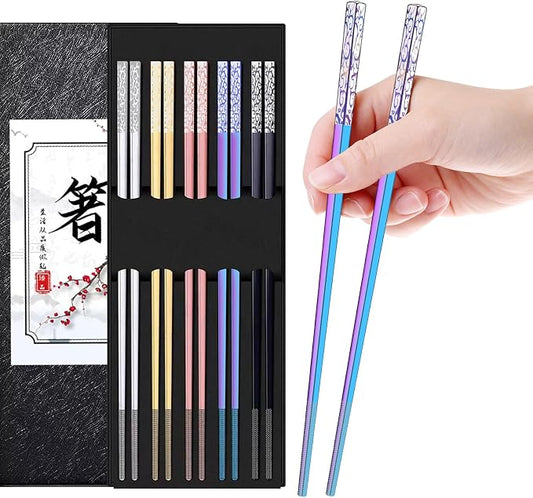 DIKOCO Premium Metal Chopsticks 5 Pairs Multicolor Chop Sticks Reusable Dishwasher Safe Square Korean Chopsticks Lightweight Non-Slip Reusable Stainless Steel ChopSticks Present Set
