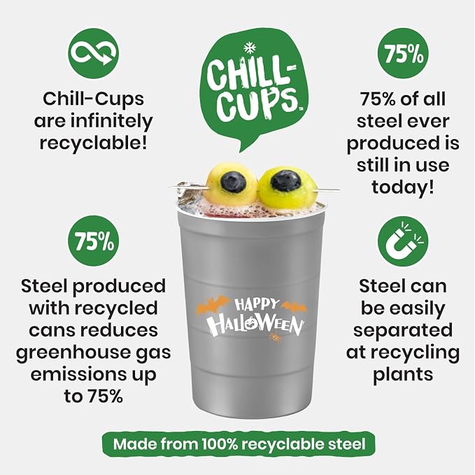Steel Chill Cups 16 oz. Reusable Party Cups, Happy Halloween, 12 Count | Made in USA from Steel these durable cups chill fast & keep your drink cold for longer, 100% recyclable for sustainablity