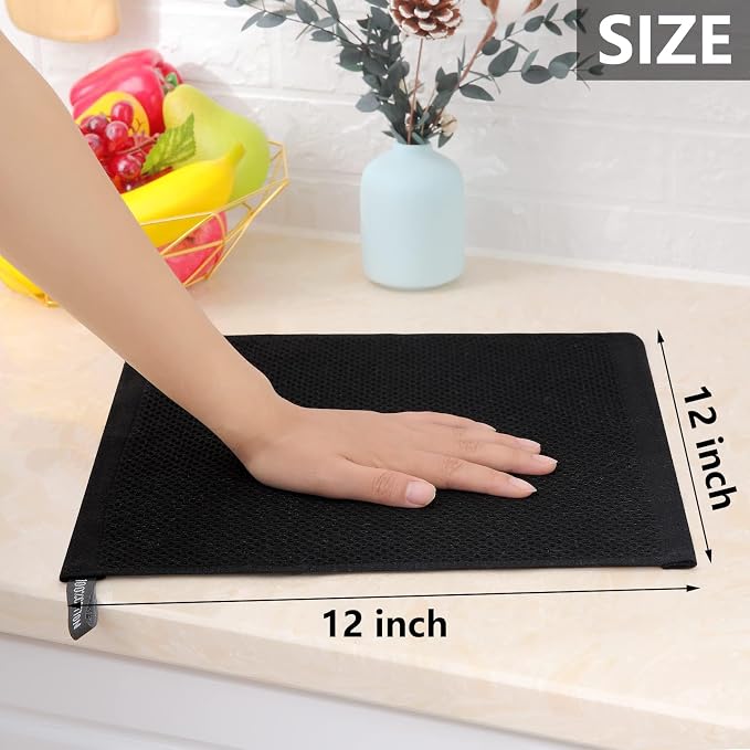 Homaxy 100% Cotton Waffle Weave Kitchen Dish Cloths, 4-Pack, Black | 12 x 12 Inches, Ultra Soft Absorbent Dish Towels, Quick Drying Dish Rags with Hanging Loop