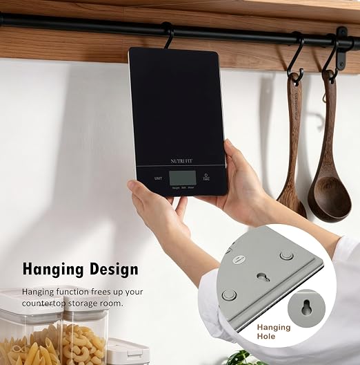 Digital Food Scale Kitchen Scales Grams and Ounces for Weight Loss Baking Cooking of NUTRI FIT, Max 11lb 1g Increment, Ultra-Thin Size and Hang to Wall