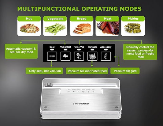 Bonsenkitchen Vacuum Sealer Machine, Stainless Steel Food Sealer Vacuum Sealers with 30 Bags & 1 Roll, 5 Food Vacuum Modes, Built-in Cutter & Bag Storage (White Silver)