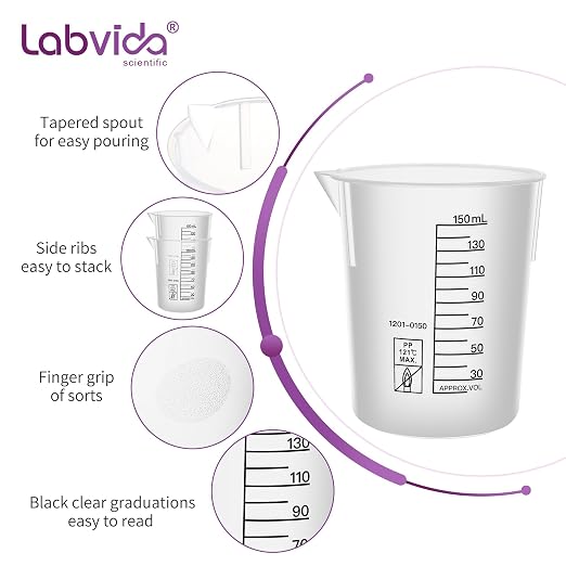 6PCS Plastic Beakers,Vol.150ml(5.07oz) Stackable Measuring Cup with Black Scale line, Plastic Pitcher PP material Ideal for Science Activities and Household Use, LVB013