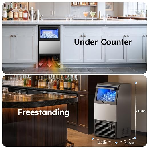 Mojgar Commercial Ice Maker Machine, 150Lbs/24H with 50Lbs Storage Bin | 45 Cubes in 5–15 Mins for Home Bar, Self-Cleaning, Stainless Steel, Built-in or Freestanding, Under Counter Ice Machine