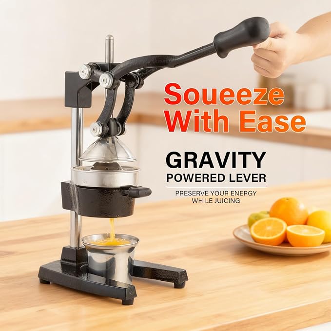 Manual Cast Iron Lemon Squeezer, Black Citrus Juicer | Detachable Cone, Free Stainless Steel Cup, Extracts Juice from Lemons, Oranges and Grapefruits, Easy to Clean