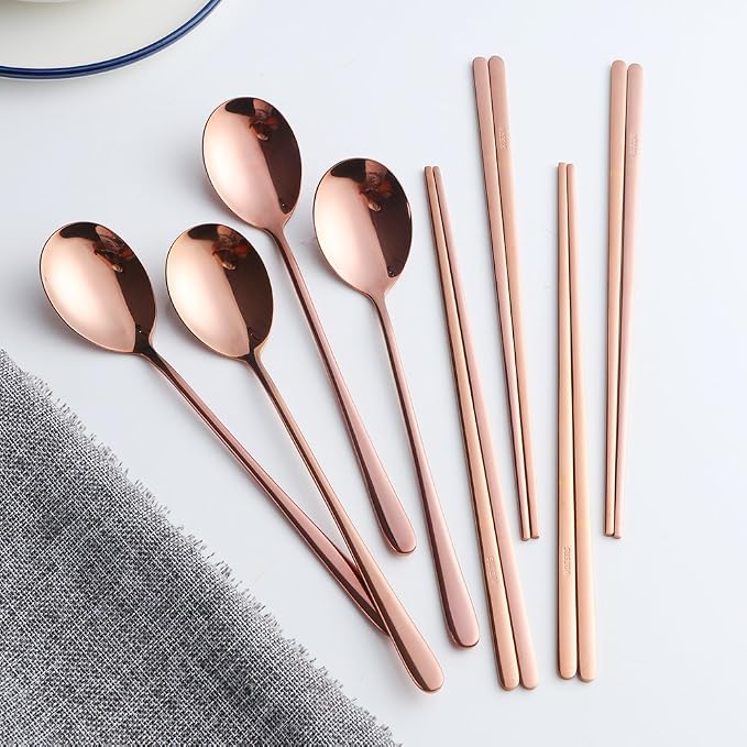 Buyer Star 4 Set Spoon Chopsticks, Rose Gold Reusable Metal Stainless Steel Korean Chopstix Spoon Set