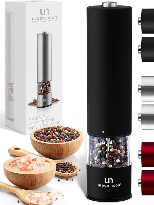 Urban Noon Electric Salt or Pepper Grinder Set (1 Mill, 8.1" Tall) - One-Handed Push-Button Mills with LED Light, Adjustable Ceramic Coarseness, Gift-Ready Box, 1-Year Warranty - Black