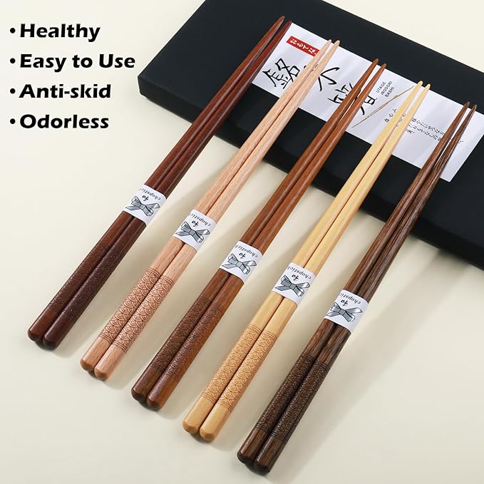 Reusable Chopsticks，GLAMFIELDS Japanese Natural Wooden 5 Pairs Hand-Carved Classic Style Lightweight Safe Chop Sticks 8.8 Inch/22.5cm Gift Set