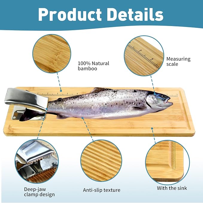 Bamboo Fish Cleaning Board Portable Fish Fillet Boards with Clamp | Fish Cleaning Tools Fishing Measuring Cutting Board Gifts for Fisherman 17.7*6.3 Inch