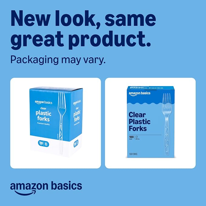 Amazon Basics Disposable Clear Plastic Forks, Premium Quality, 100 Count, Large Pack, Packaging May Vary