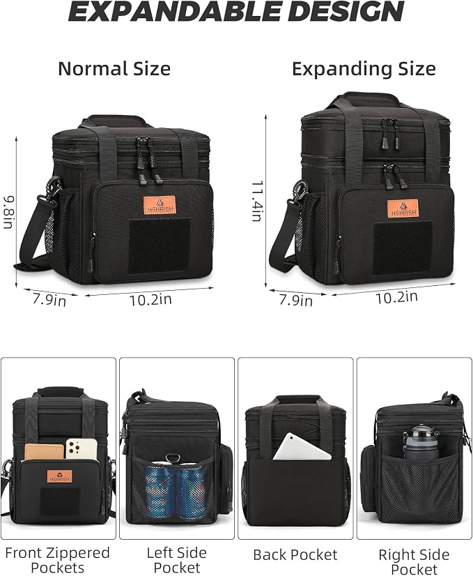 HSHRISH Expandable Large Tactical Lunch Box for Adults, Durable Insulated Lunch Bag with Lots of Storage Space, Cooler Bag for Men Women Work Outdoor Picnic Trip, 16 L, Black