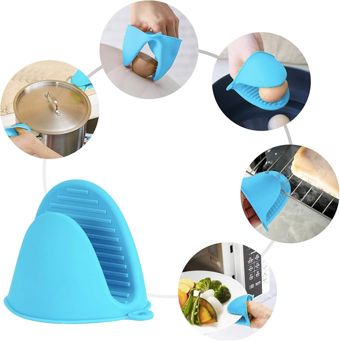 Vaincre 4PCS Silicone Oven Mitts Heat Resistant, Silicone Potholders for Kitchen, Mini Rubber Oven Glove Kitchen Mittens, Cute Cooking Mitts (Blue and Green) | Food Grade Silicone, Non-Slip Grip, Waterproof, Mini Size, Flexible, Dishwasher Safe, For Co...