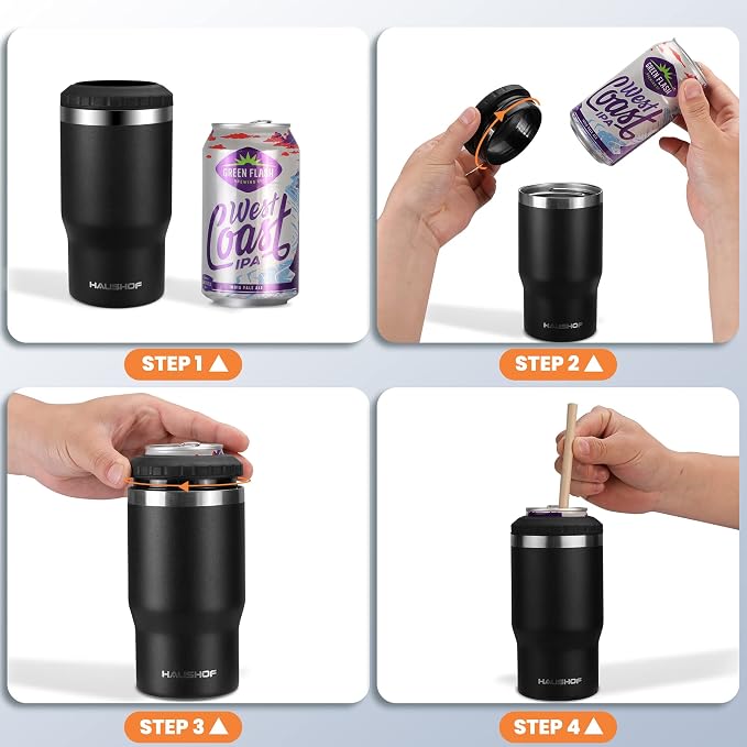 HAUSHOF 4-in-1 Insulated Can Cooler Fits 12oz Cans & Beer Bottle, Black | Double-Wall Vacuum Insulated, 18/8 Stainless Steel, BPA-Free Lid, Slim Can Cooler for Camping, Beach & Picnic