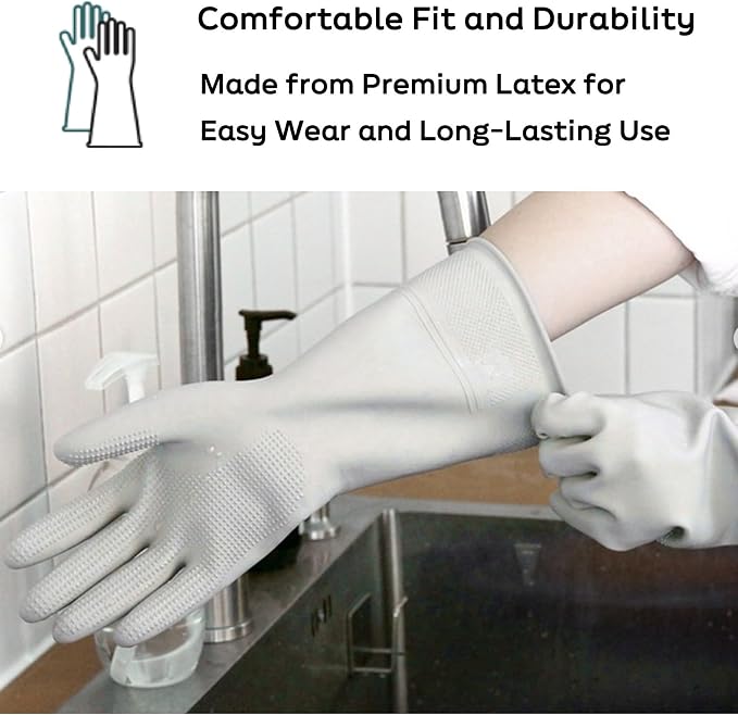 Myungjin 2 Pairs Reusable Waterproof Non-Slip Honeycomb Grip Latex Rubber Gloves with Hang-Dry Hooks/Hanging Loops for Dishwashing Household Cleaning Cooking (Large OverFit)