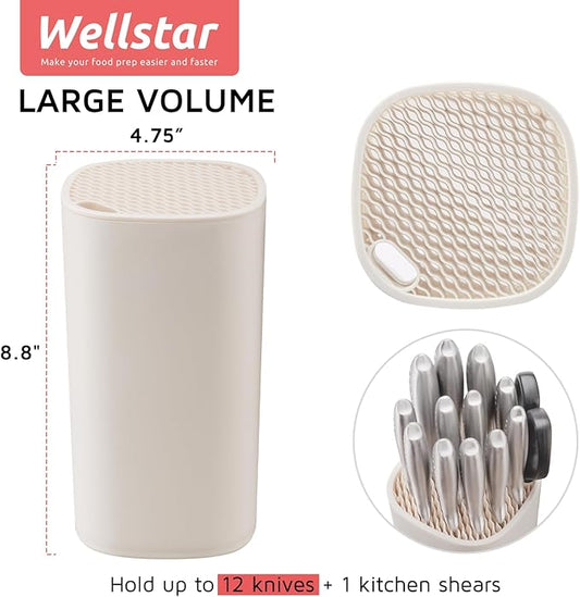 Universal Knife Block Holder for Kitchen, WELLSTAR Knife Stand without Knives, Safe Space Saver Large Volume Stable Knife Storage with Scissors Slot, Detachable for Easy Cleaning – Off-White