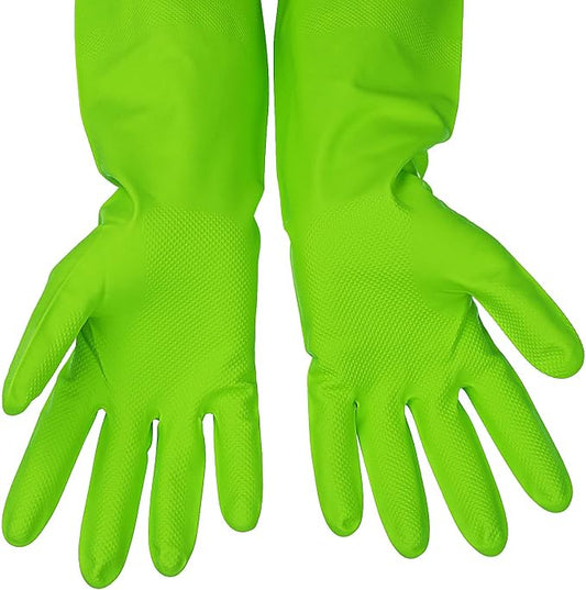 3 Pairs Rubber Cleaning Gloves Latex Free Dishwashing Gloves - 13" Reusable Nitrile Gloves Large, Green+Pink+Orange