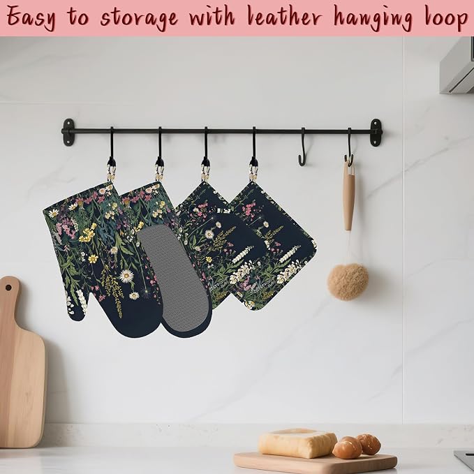 Wildflower Spring Floral Garden Flowers Oven Mitts and Pot Holders (4PCS),Heat Resistant Non-Slip Silicone Kitchen Gloves for Cooking, Baking, BBQ Waterproof Kitchen Accessories