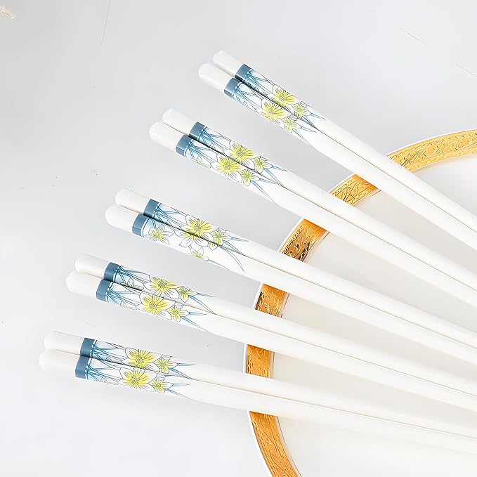 Ceramic Chopsticks Reusable 5 Pairs,Porcelain Chop Sticks,Daffodil,9.7'' | Easy to Clean,Dishwasher Safe,Heat Resistant,with a Gift case,Cooking Chopsticks,High-grade Bone China Porcelain