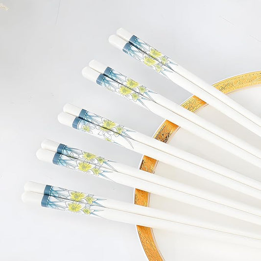 Ceramic Chopsticks Reusable 5 Pairs,Porcelain Chop Sticks,Daffodil,9.7'' | Easy to Clean,Dishwasher Safe,Heat Resistant,with a Gift case,Cooking Chopsticks,High-grade Bone China Porcelain